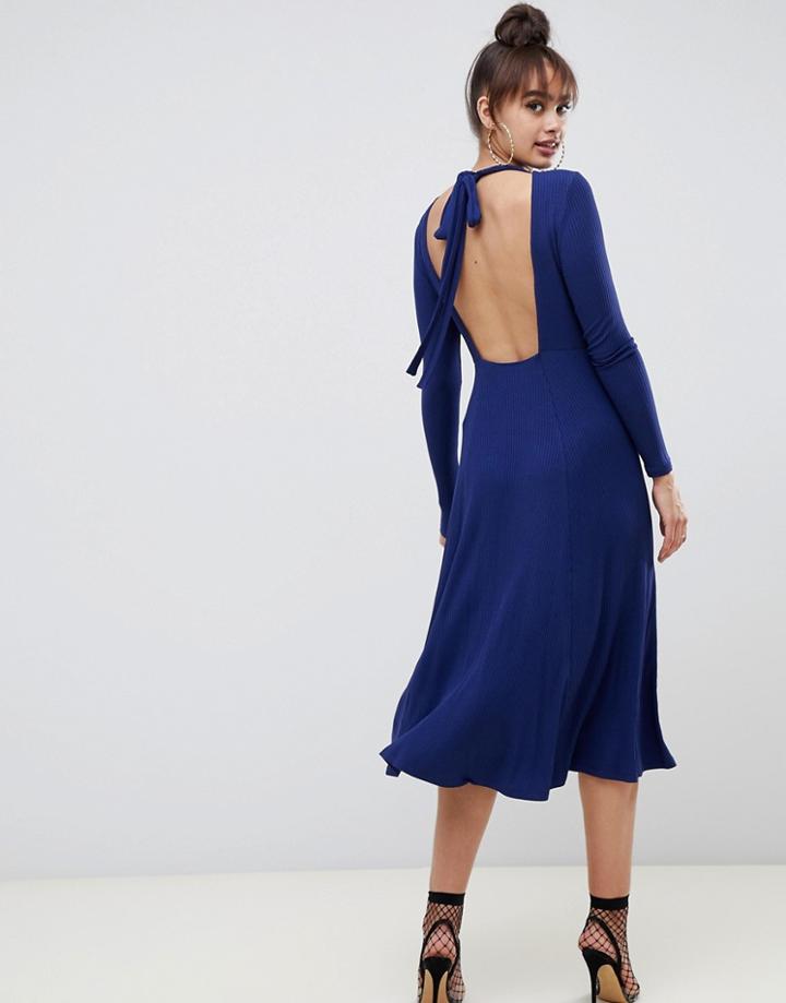 Asos Design Midi Skater Dress In Rib With Open Back - Navy