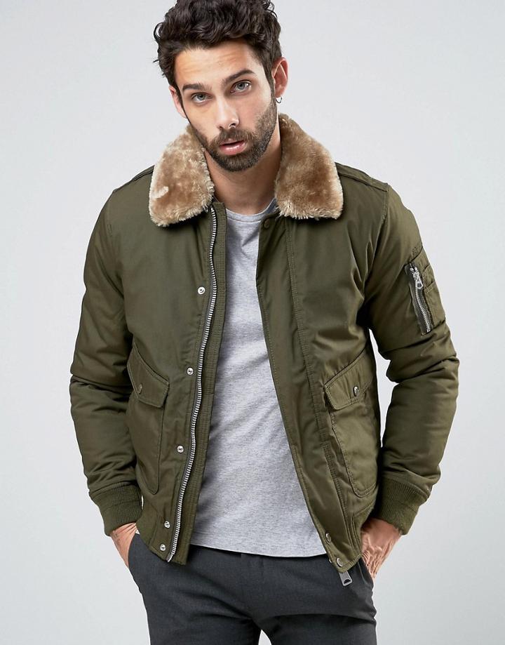 Schott Air Bomber Jacket Faux Fur Collar Exclusive - Green