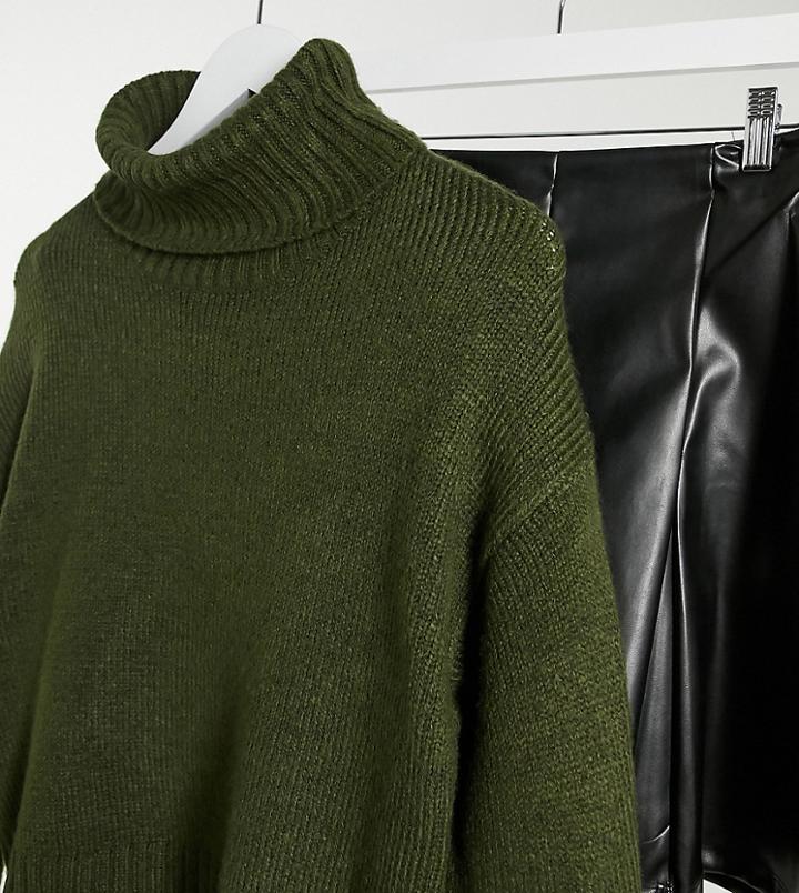 New Look Petite Chunky Knitted Roll Neck Sweater In Pine Green