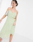 Asos Design Button Front Pleated Cami Midi Dress With Drawstring Waist In Sage Green