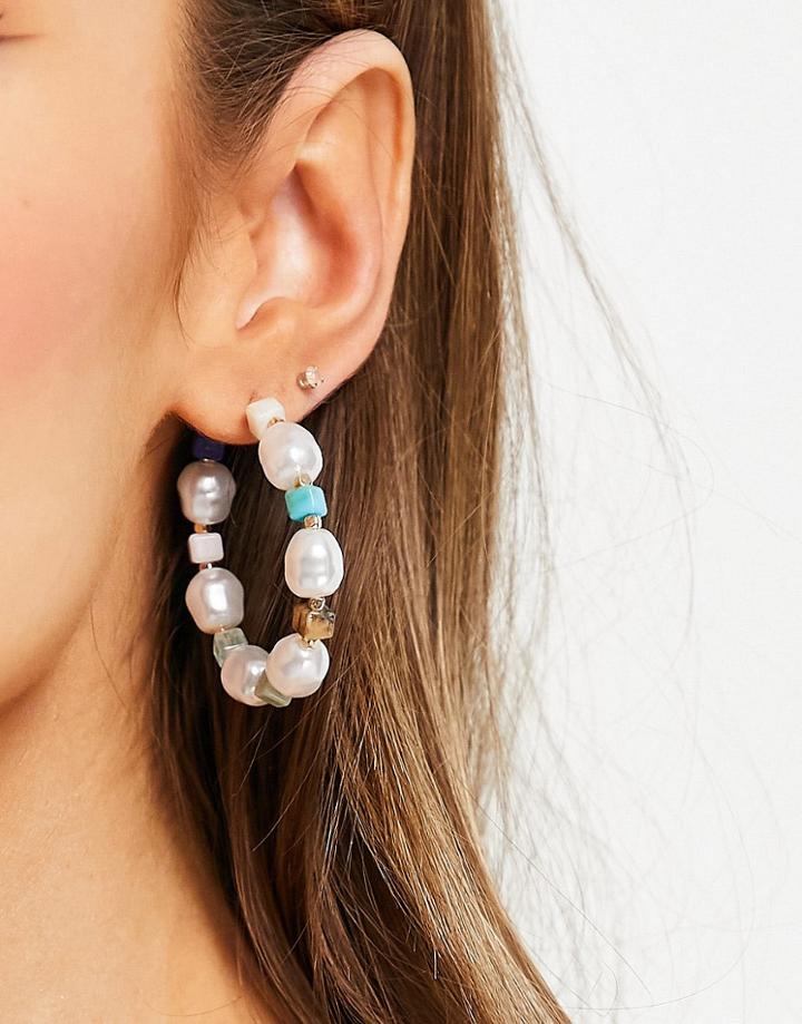 Pieces Mixed Pearl Hoop Earrings-multi