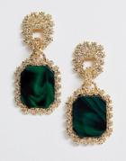 Asos Design Drop Earrings With Textured Metal And Resin Stones - Green