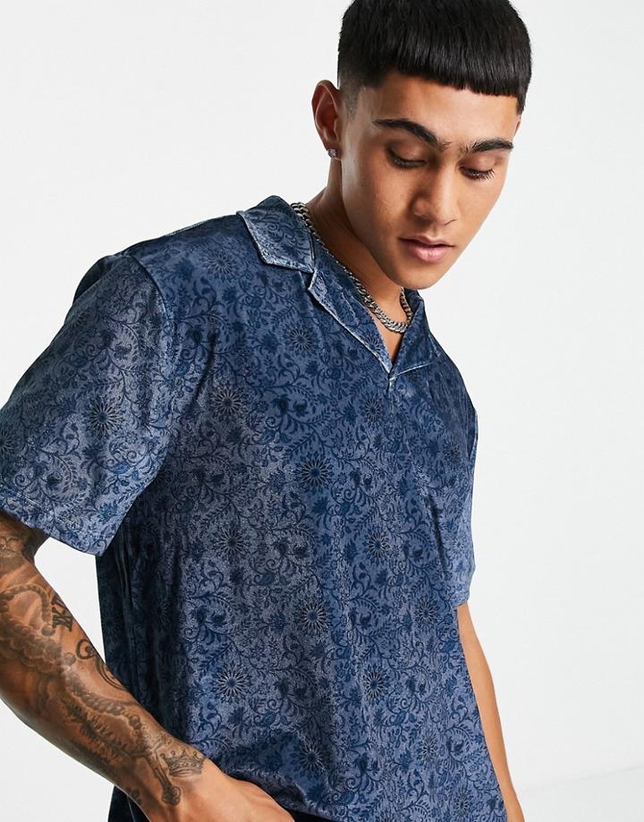Asos Design Relaxed Overhead Revere Velour Polo T-shirt In Paisley Burnout-navy
