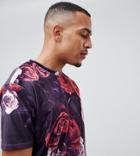 Asos Design Tall Two-piece Relaxed T-shirt In Floral Velour - Purple