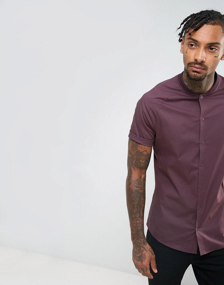 Asos Skinny Shirt With Baseball Collar In Burgundy - Red