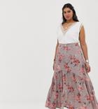 En Creme Plus Maxi Skirt With Button Front Detail In Floral-purple