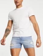 Asos Design Denim Shorts In Mid Wash With Rip Detail And Raw Hem In Shorter Length-blue