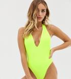 Missgudied Plunge Swimsuit In Neon Yellow - Yellow