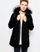 Native Youth Parka With Faux Fur Hood - Black