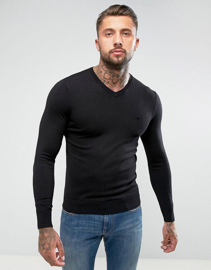 Armani Jeans V Neck Logo Sweater Black - Black