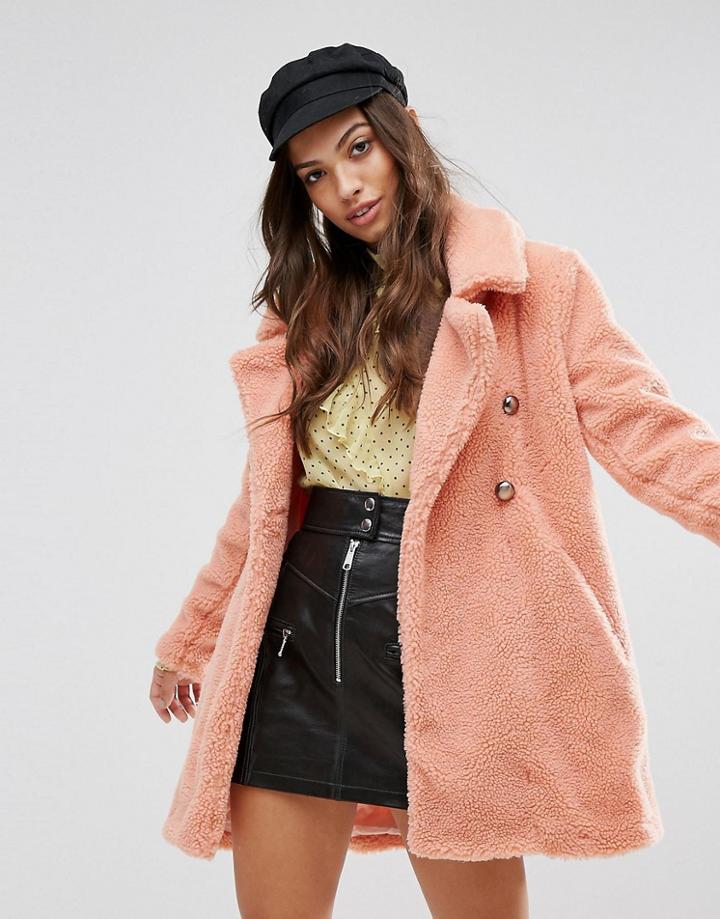 Qed London Shearling Coat - Pink