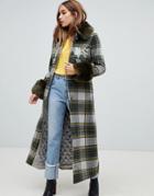 Dolly & Delicious Embroidered Check Coat With Faux Fur Trim In Khaki - Multi