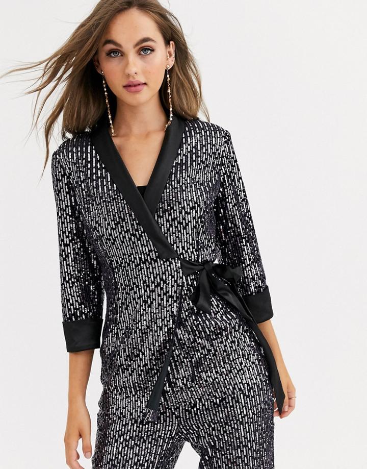 Little Mistress Tailored Sequin Wrap Blazer In Black Two-piece