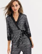 Little Mistress Tailored Sequin Wrap Blazer In Black Two-piece