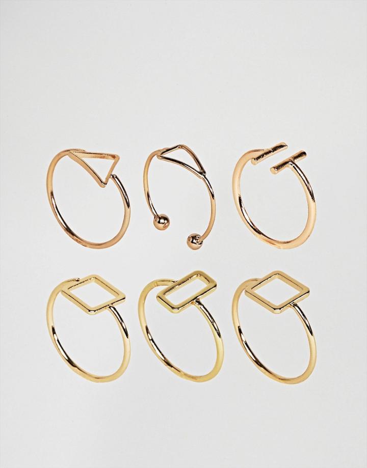 Asos Pack Of 6 Fine Open Shape Rings - Gold