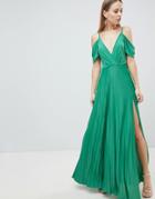 Asos Design Cold Shoulder Cowl Back Pleated Maxi Dress - Green