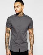 Asos Skinny Shirt With Grandad Collar In Charcoal Twill With Short Sleeves - Charcoal