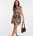 Asos Design Petite Textured Spot Ruffle Wrap Mini Dress With Floral Print-multi