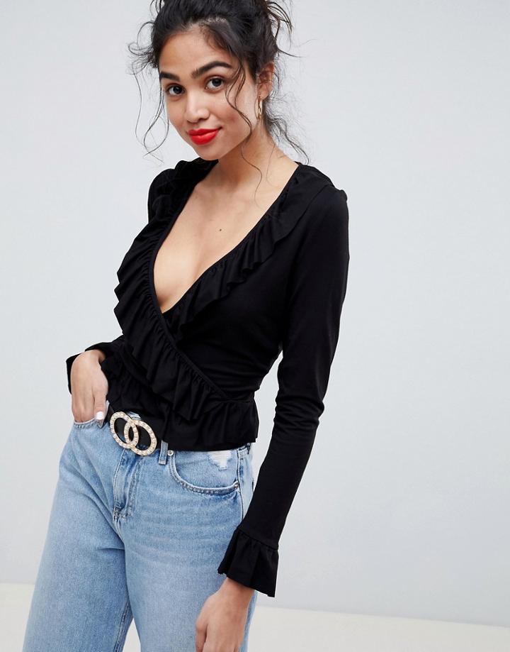 Asos Design Ruffle Wrap Top - Black