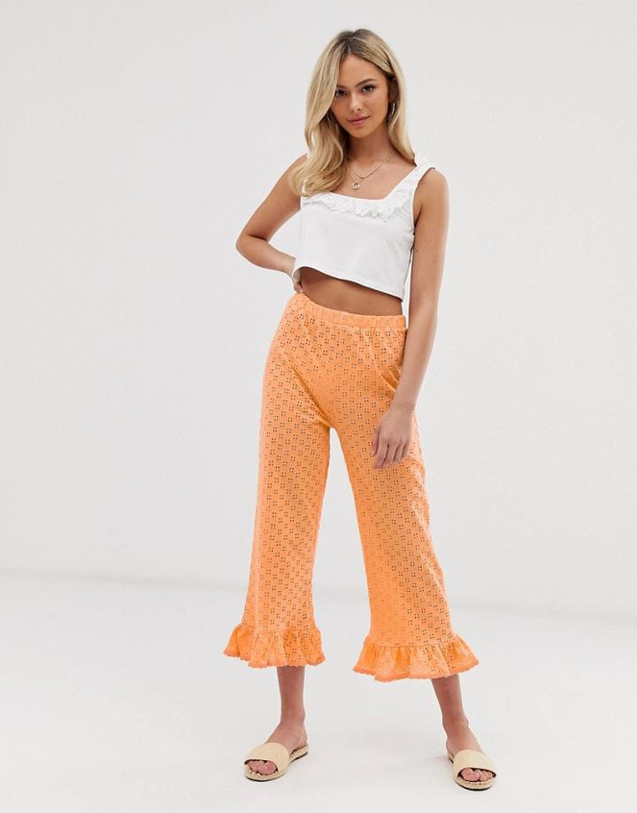 Asos Design Broderie Pants With Ruffle Hem And Trim-red