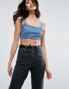 Asos Denim Cropped Top In Mid Wash Blue - Blue