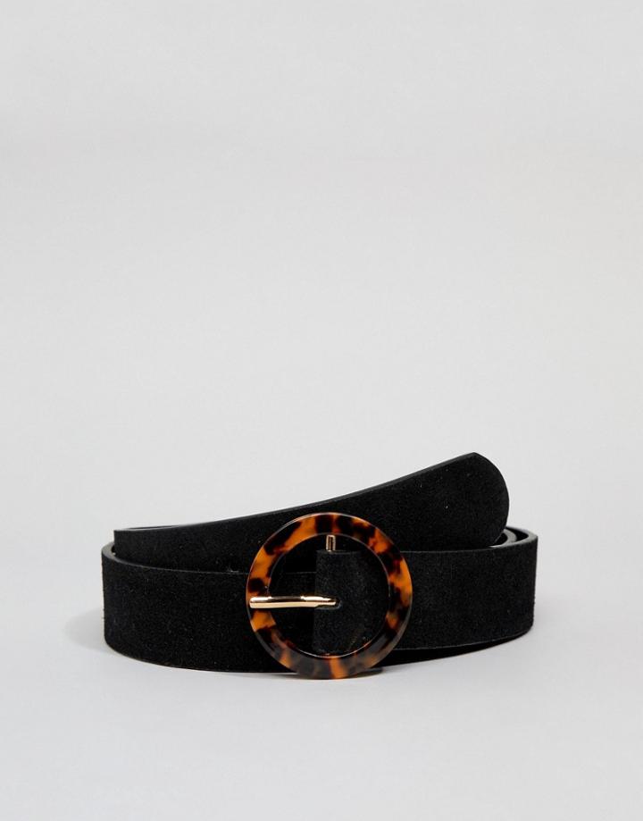 Pieces Circle Buckle Suede Belt - Black