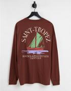 Asos Design Oversized Long Sleeve T-shirt In Brown With Saint-tropez Front & Back Print