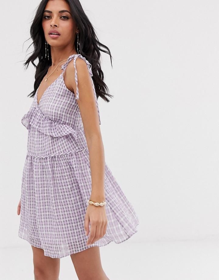 Lost Ink Tie Shoulder Smock Dress In Gingham-purple