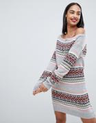 Club L Christmas Off The Shoulder Sweater Dress With All Over Intarsia Fairsle Print-gray