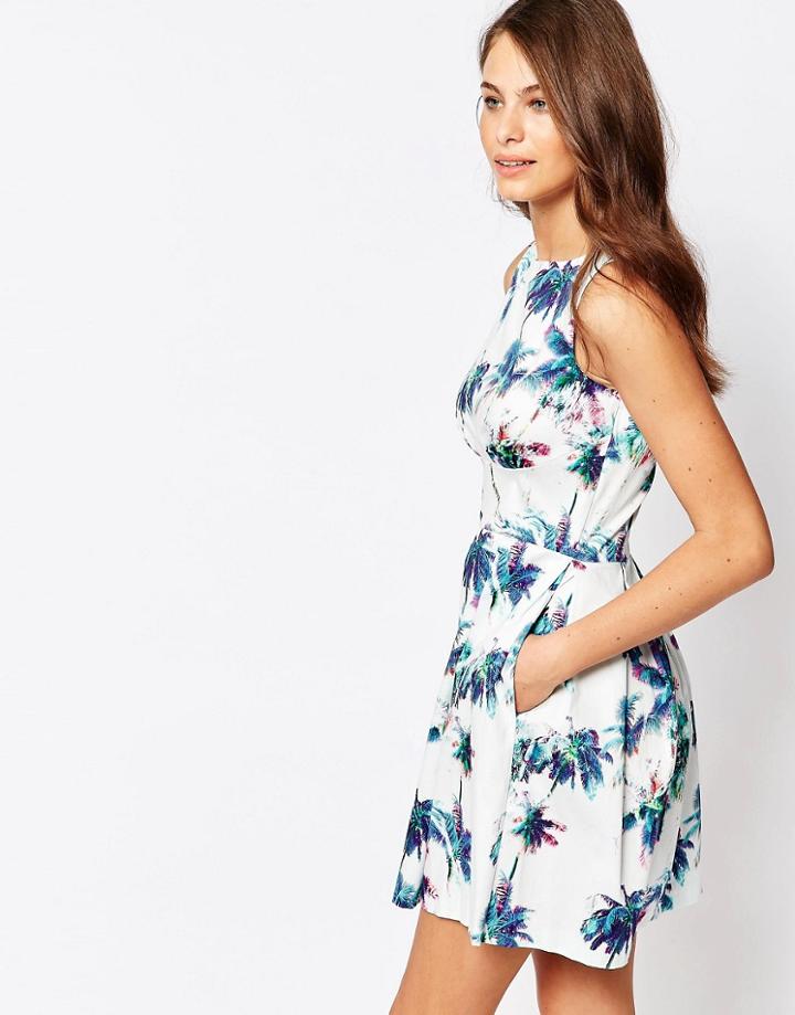 Closet Skater Dress In Palm Print - White