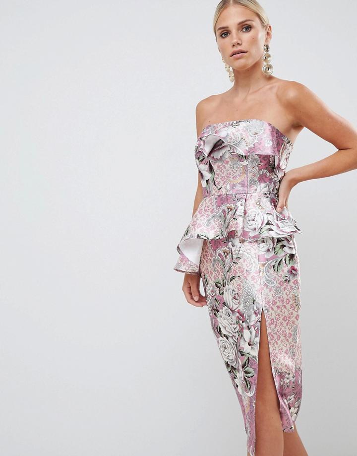 Asos Design Structured Bandeau Midi Dress In Wallpaper Floral Print-multi