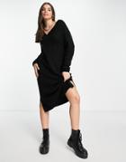 Vila Knitted Midi Dress With Wide V Neck In Black