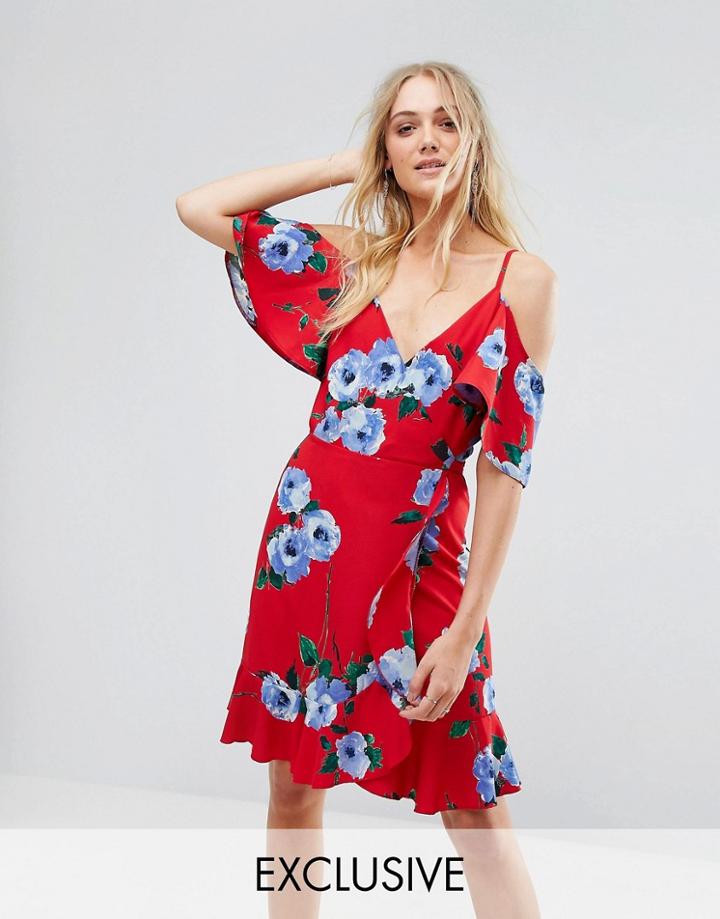 John Zack Tall Wrap Front Cold Shoulder Tea Dress In Large Floral Print - Red