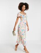 Asos Design Halter Detail Puff Sleeve Maxi Dress In Bright Floral Print-multi