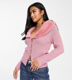 Asos Design Petite Cardigan With Faux Fur Collar In Pink