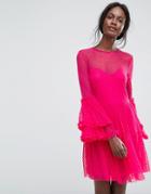 Lace & Beads Dobbie Mesh Sheer Mini Dress With Exaggerated Sleeve - Pink