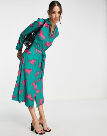 Twisted Wunder Horse Print Shirt Dress In Green