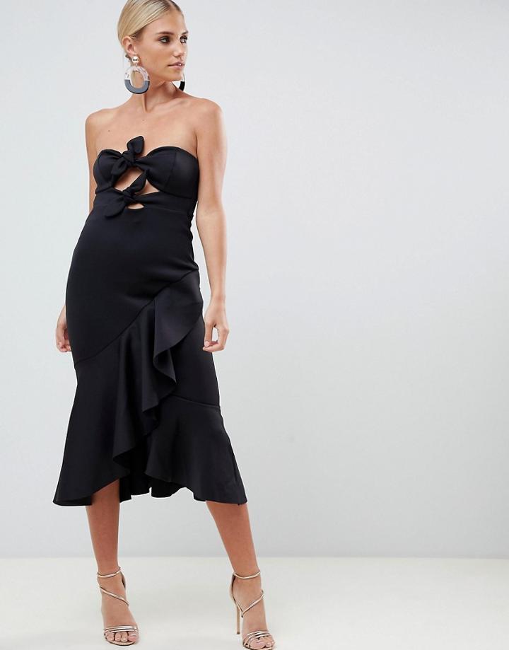 Asos Design Bandeau Knot Front Pephem Midi Dress-black