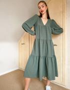 Asos Design Textured Tiered Midi Smock Dress In Khaki-green