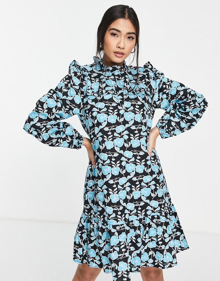 Vero Moda Smock Mini Dress With Frill Detail In Blue Floral Print