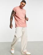 Asos Design Oversized Longline T-shirt With Roll Sleeve In Washed Pink