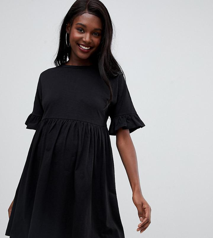 Asos Design Maternity Cotton Slubby Frill Sleeve Smock Dress - Black