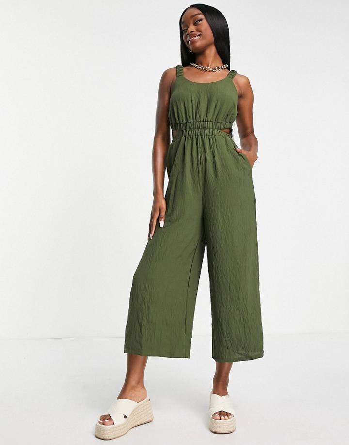 Qed London Cut Out Side Jumpsuit In Khaki-green