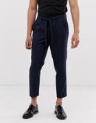 Asos Design Tapered Crop Smart Pants With Tie Waist In Navy