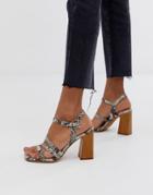 Asos Design Timber Minimal Heeled Sandals In Snake Print-multi