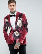 Asos Super Skinny Blazer In Burgundy Velvet With Floral Print - Red