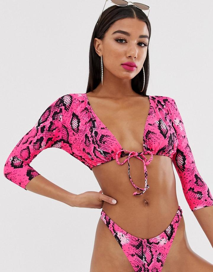 Asos Design Mix And Match Long Sleeve Tie Front Bikini Top In Pink Neon Snake Print - Pink