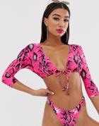 Asos Design Mix And Match Long Sleeve Tie Front Bikini Top In Pink Neon Snake Print - Pink