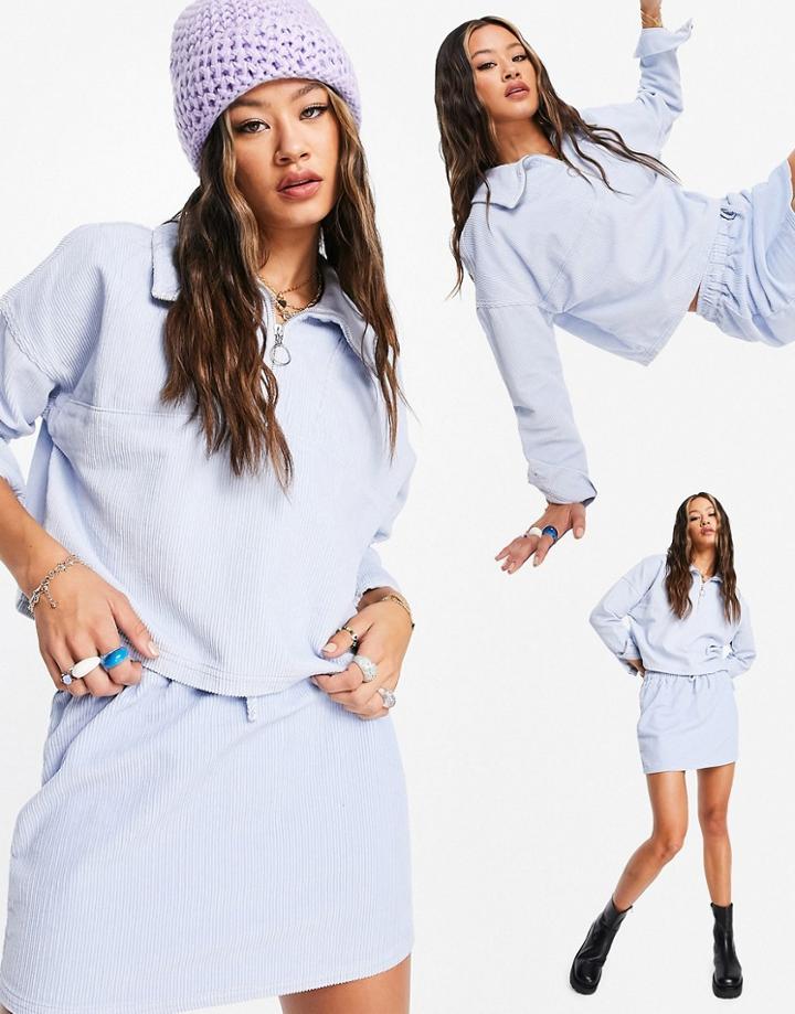Asos Design Cord Half Zip Top In Blue - Part Of A Set-brown