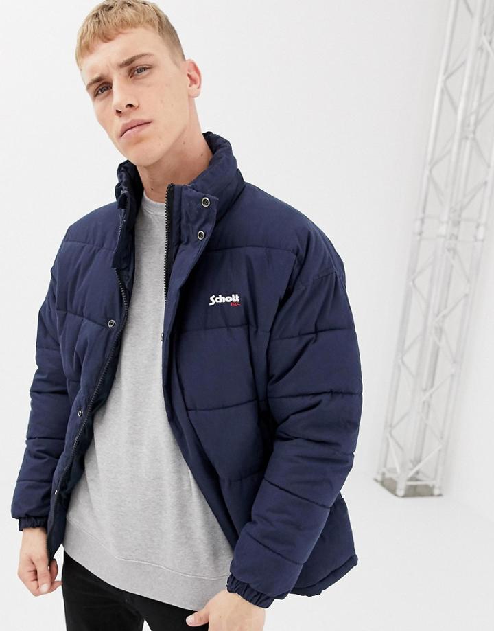 Schott Nebraska Puffer Jacket With Stowaway Hood In Navy - Navy